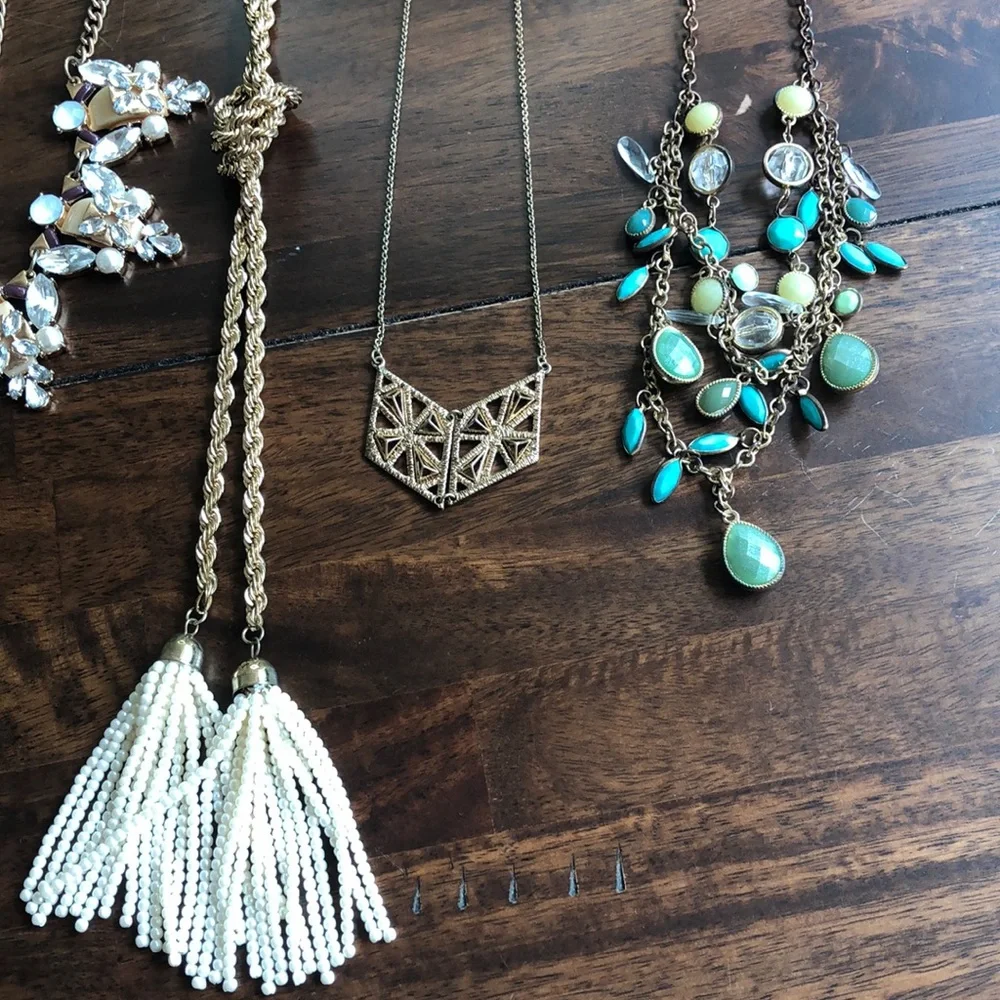 Statement Necklace Bundle Lot 5 Piece Fringe Tassel Bib Turquoise Floral Gold